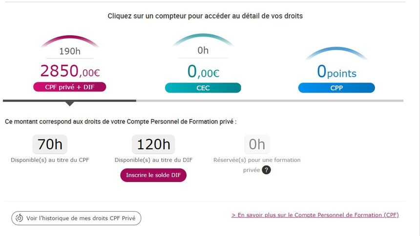 Exemple : le titulaire de ce compte dispose d'un reliquat de 120 heures via son DIF